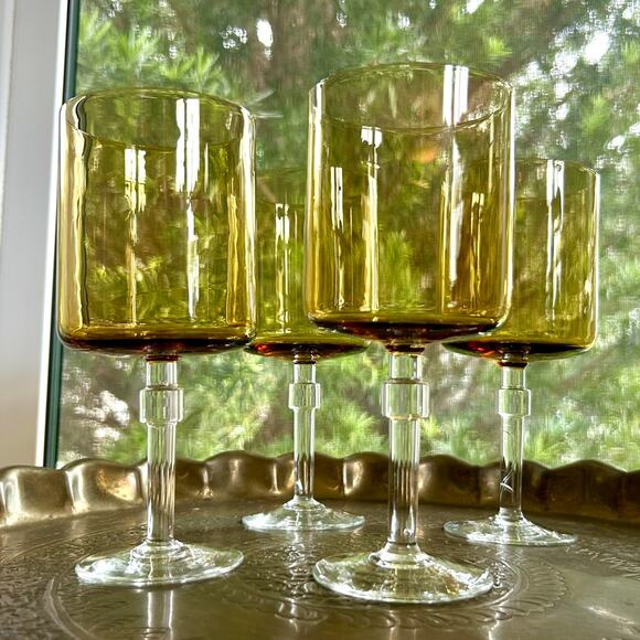 Vintage Amber Stemmed Glasses Set of 4 – Mid-Century Modern Cylindrical Goblets - Picture 11 of 16